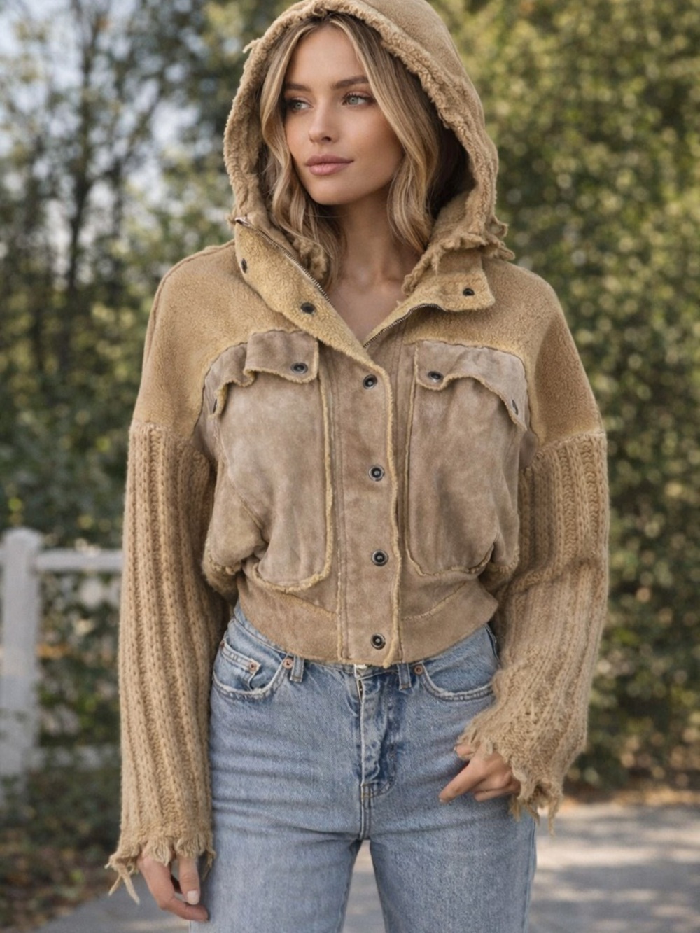 NWT Roncarati Sherpa Suede Tan Snap Hooded Coat Cropped Luxury Size 42